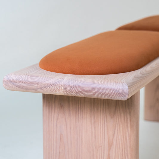 Contemporary geometric hardwood bench made of White Ash and Sensuede; by design studio JOHI