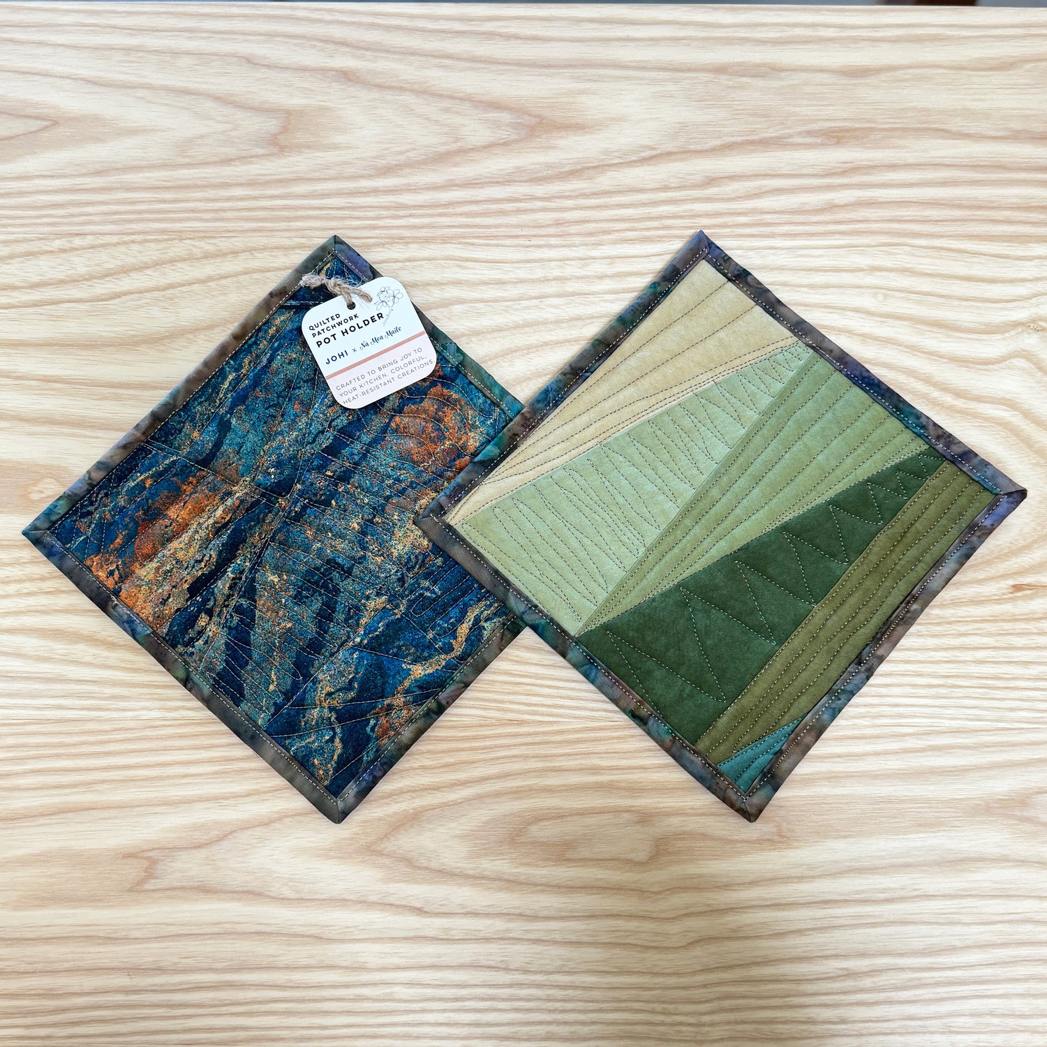 Mauka Quilted Potholders - Green + Marbled (Pair)