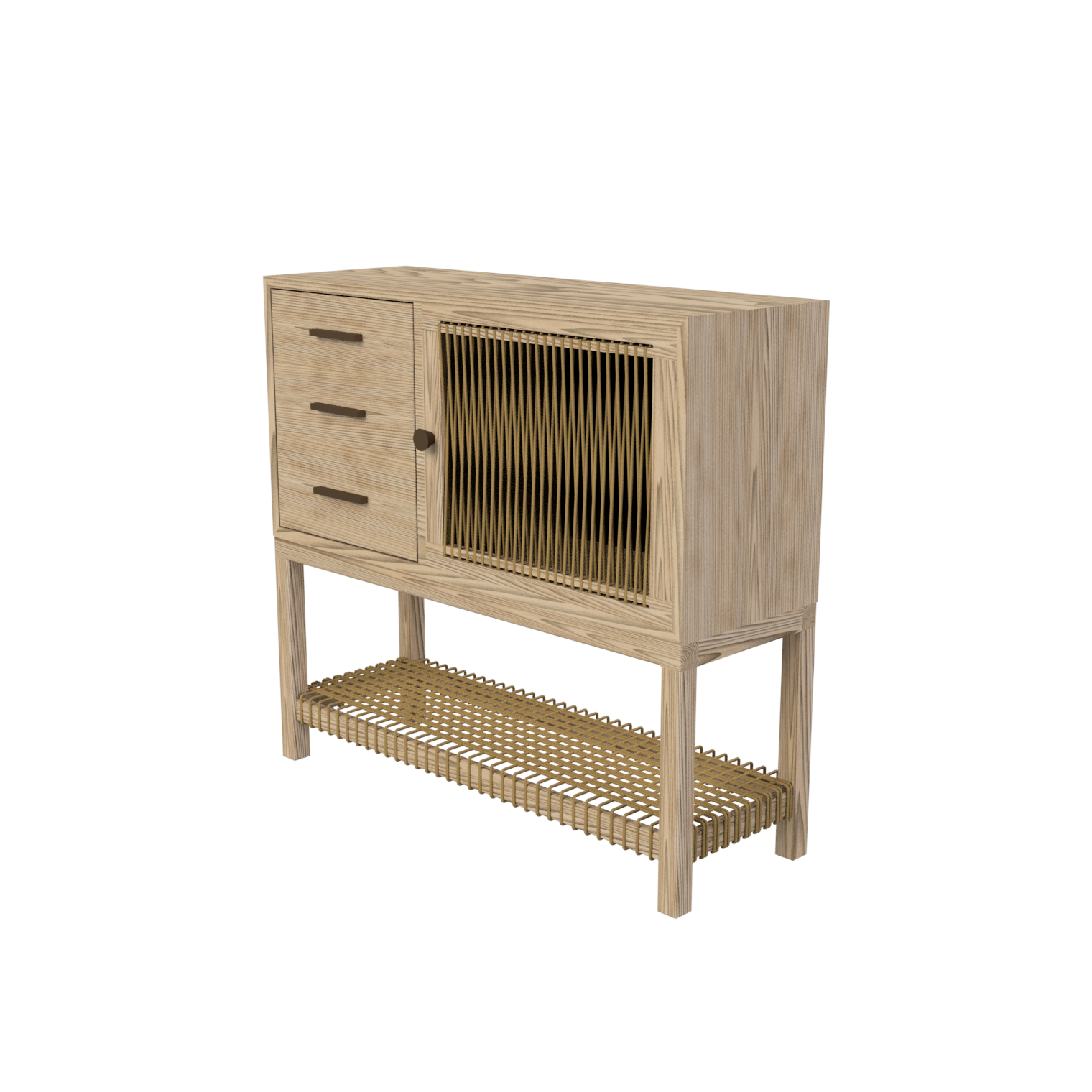 Rendering of light hued wood console with cord accents.