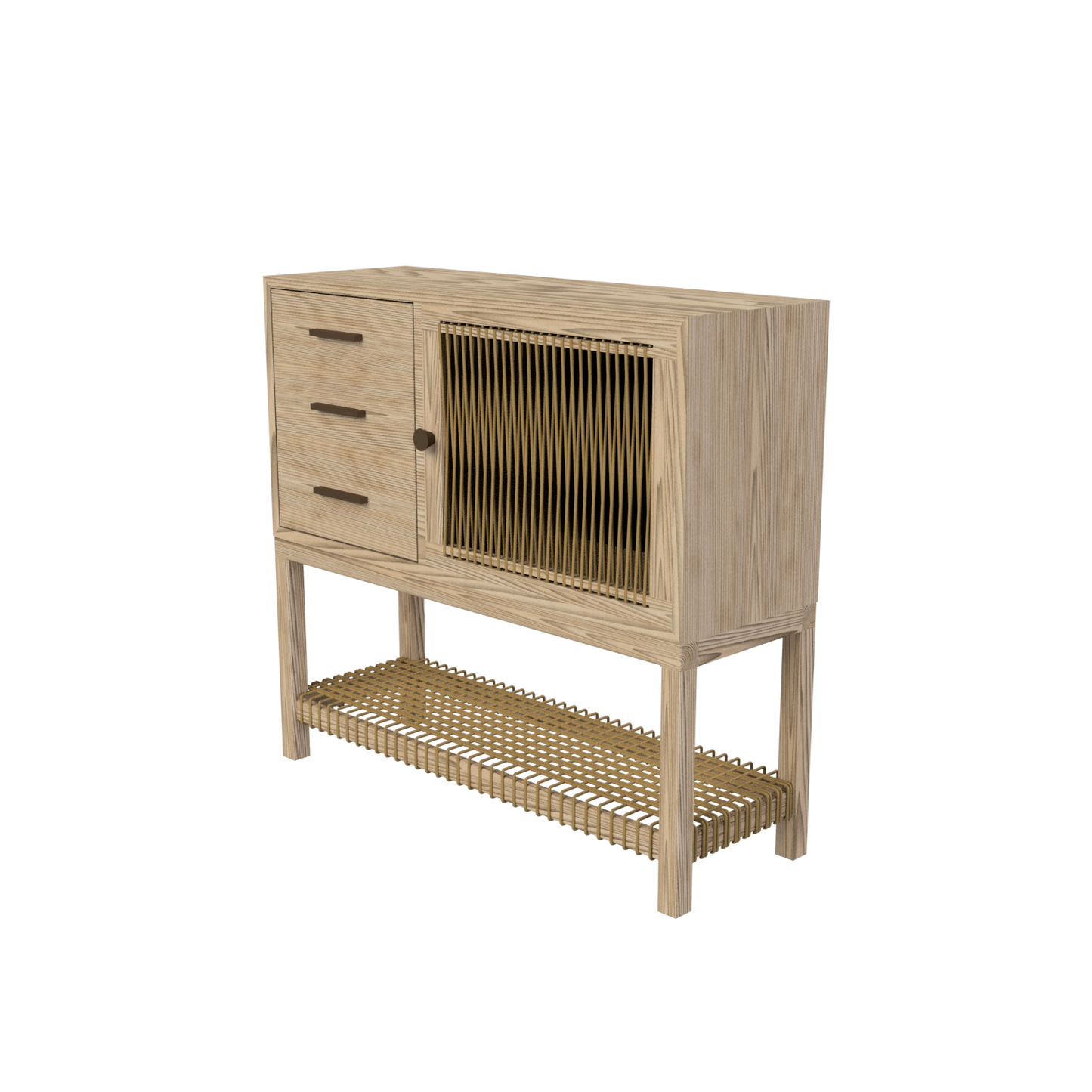 Rendering of light hued wood console with cord accents.