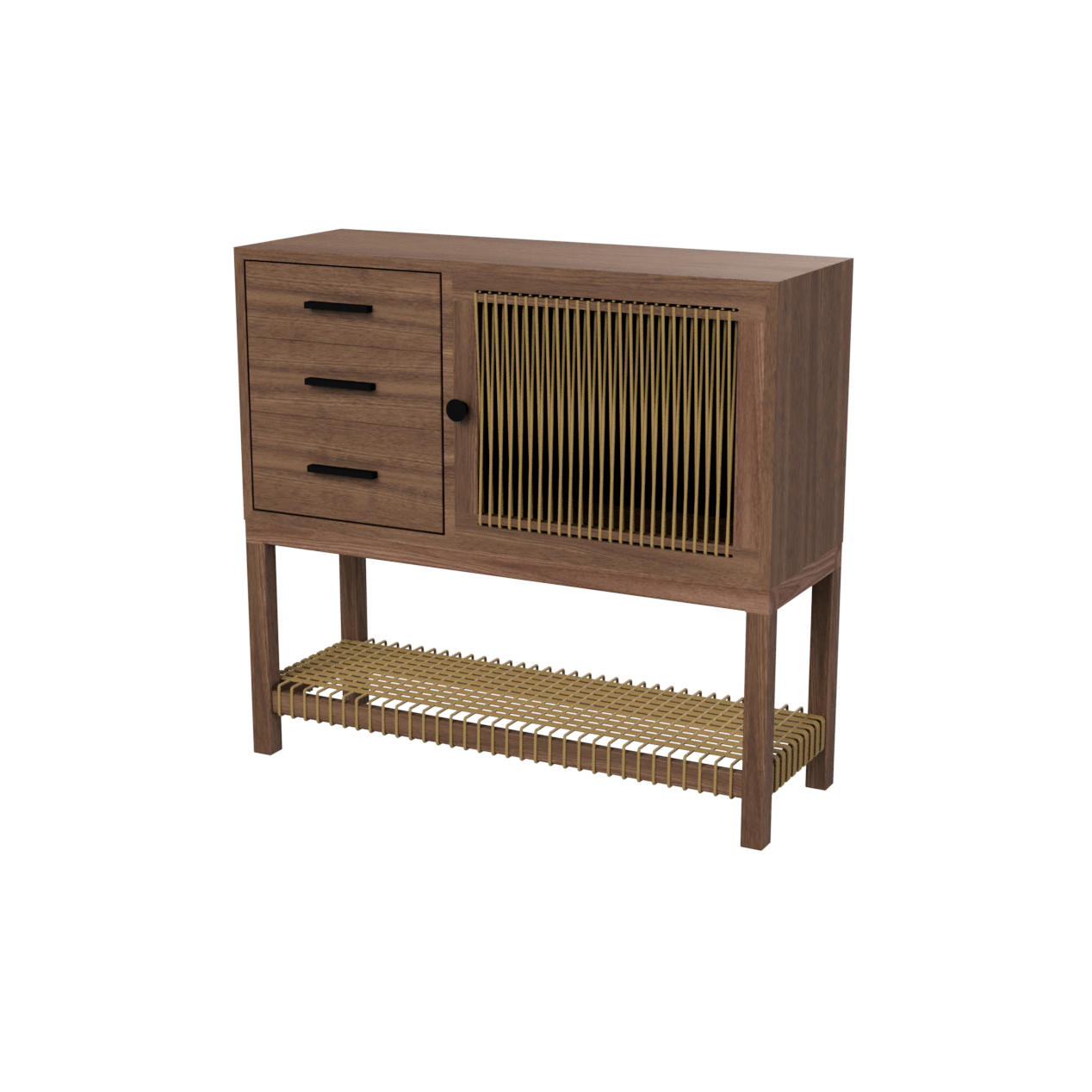 Rendering of a dark wood console with cord accents.